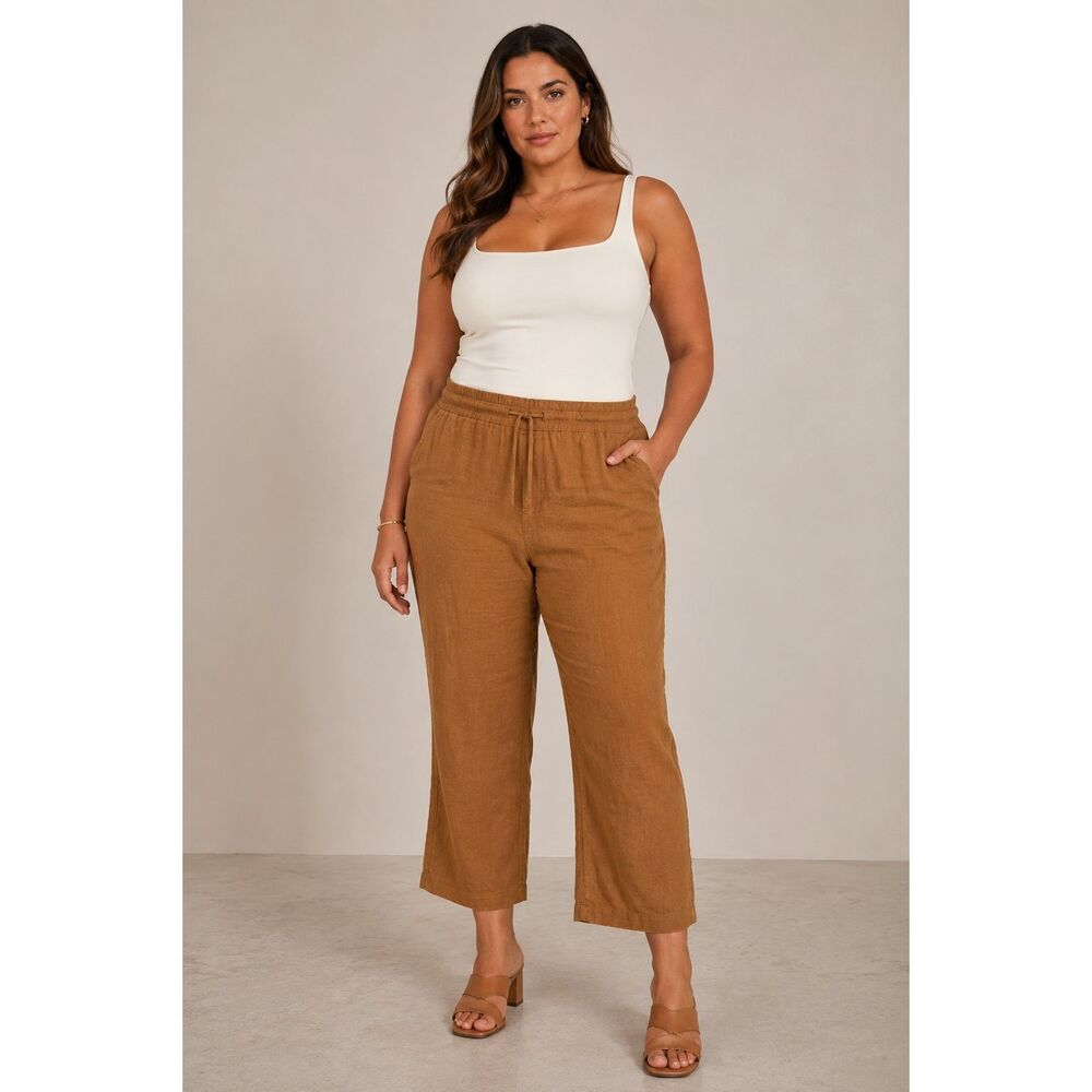 Hard tail Midrise 100% linen tan cropped pants Medium Lagenlook #768